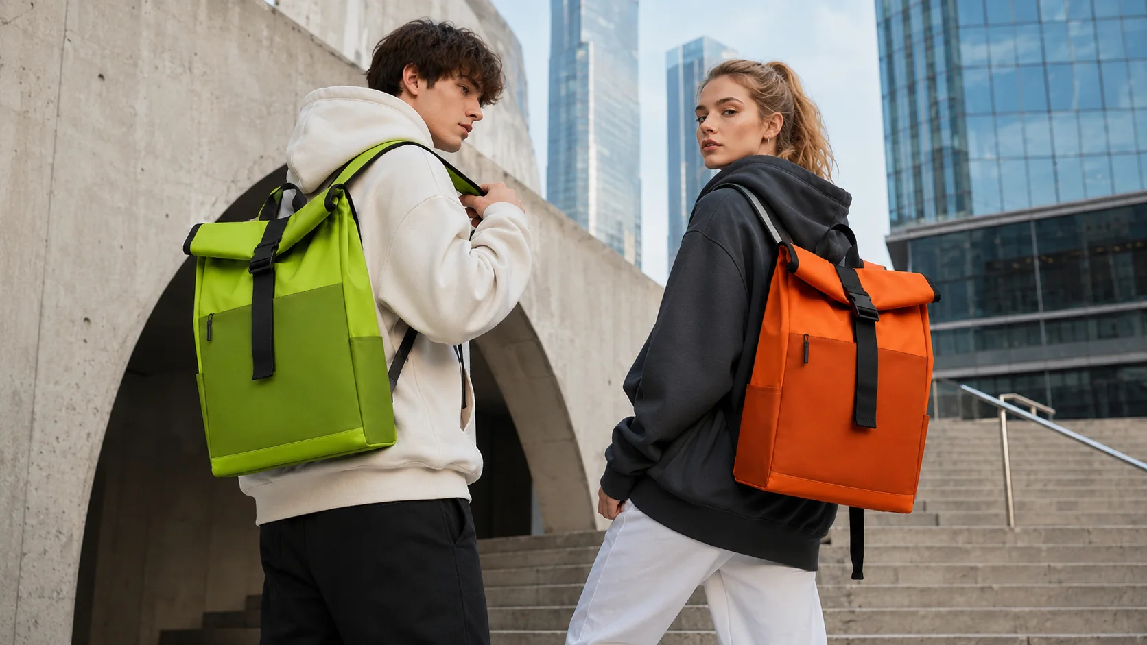 Lifestyle shoot of bright backpacks