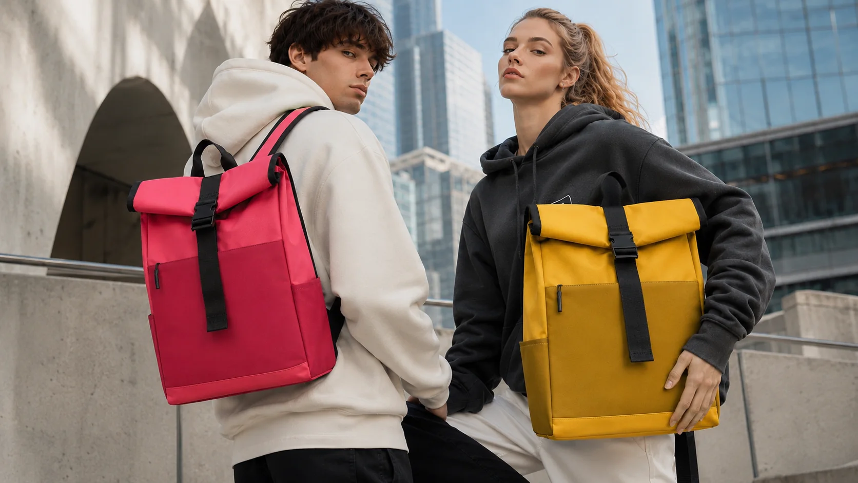 Bright backpacks in the city